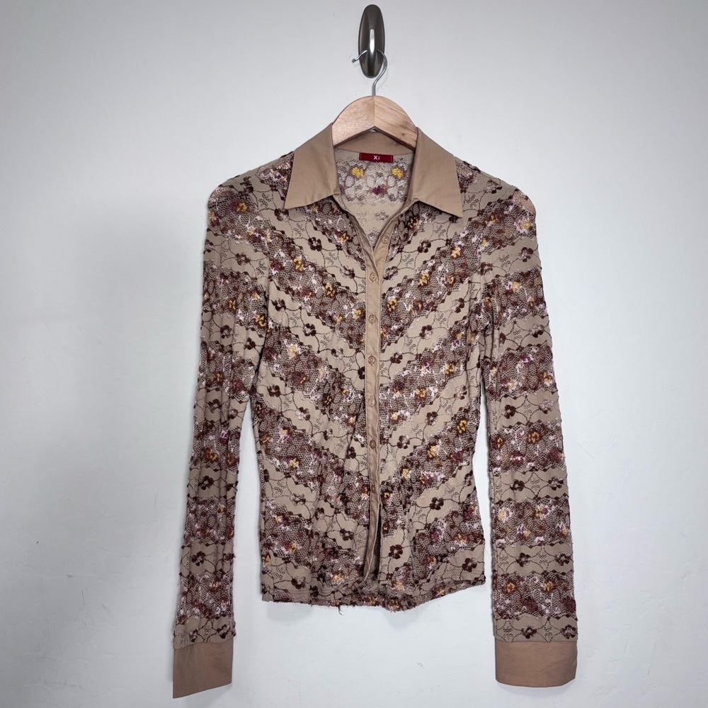 Vintage Y2K Floral Lace Mesh Button Down Top Boho Fairy L